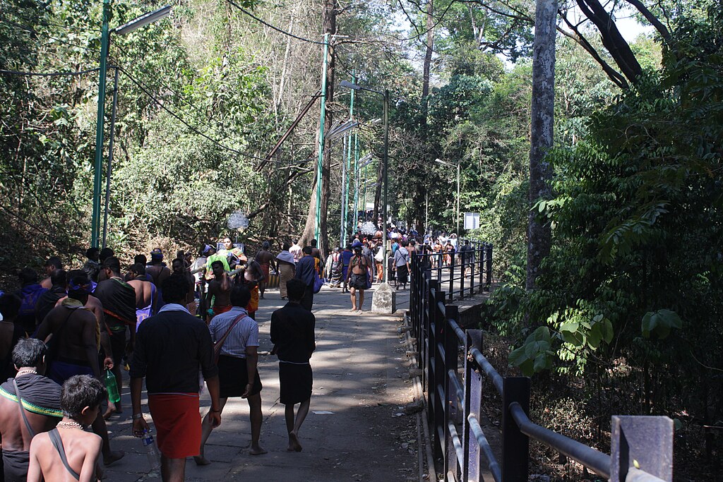 Sabarimala pilgrims walking the Pamba pathway — black-clad devotees carrying Irrumudi Kettu on their heads on the 4.5 km forest trek to Sannidhanam through Periyar Tiger Reserve