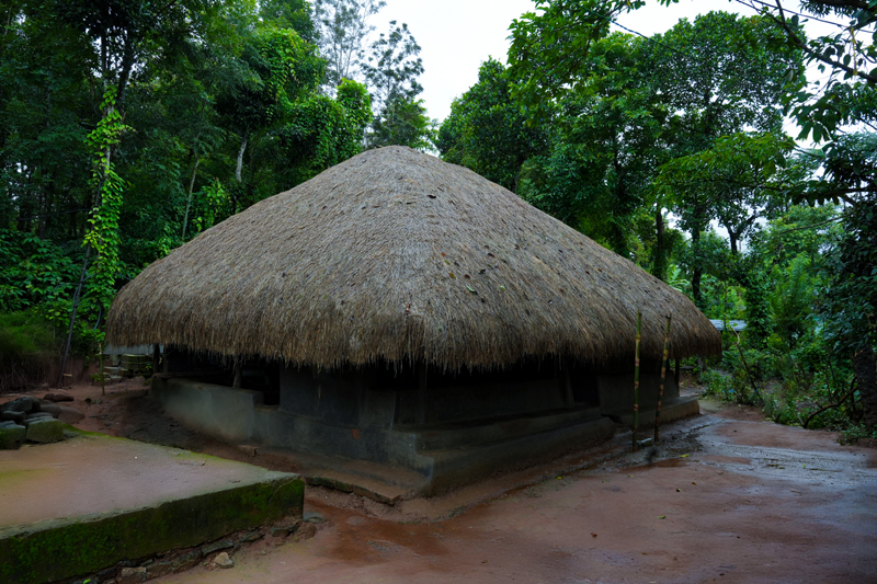 Traditional tribal house built with mud and thatch nestled in the landscapes of Wayanad