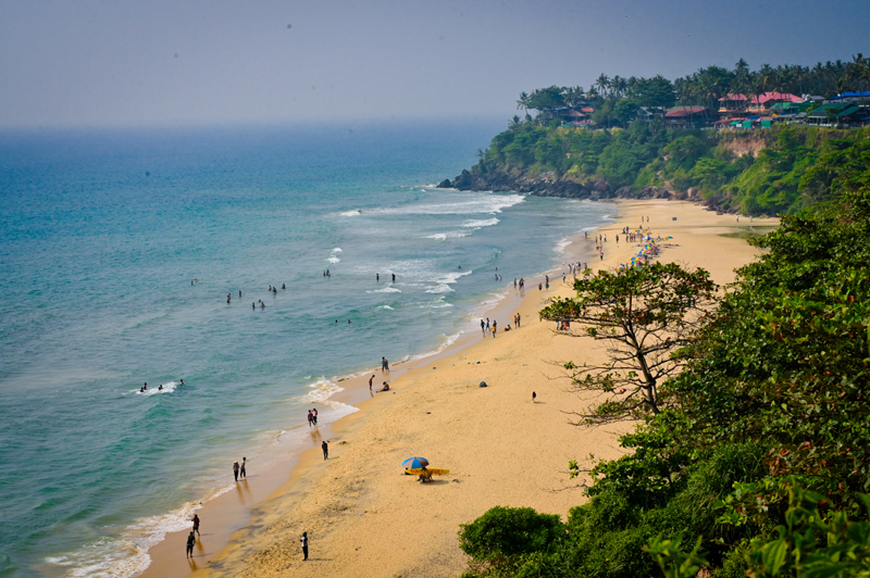 Varkala Beach and its ancient Mio-Pliocene laterite cliffs overlooking the Arabian Sea — a National Geological Monument in Kerala